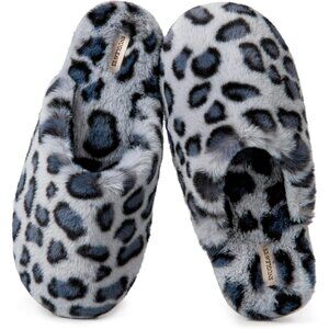 ⚡Women's Cheetah Grey Fuzzy Scuff Slippers Soft Comfy Memory Foam Non Slip